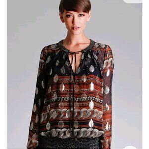 Hale Bob Top Womens M Navy Silk Blend Metallic Rhinestone Beaded Collar Blouse